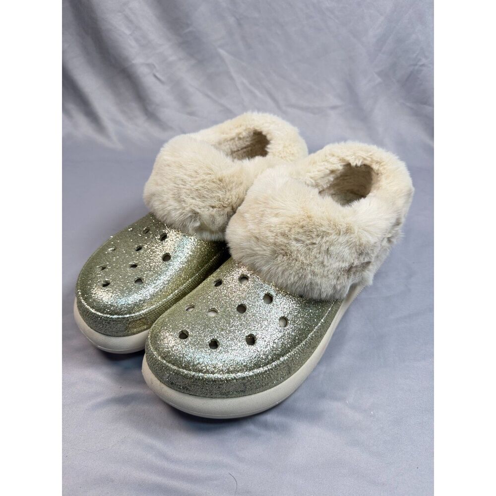 Crocs Men Size 13 Gold Glitter Faux Fur Lined Clog Slipper Shoes BNWOB M13